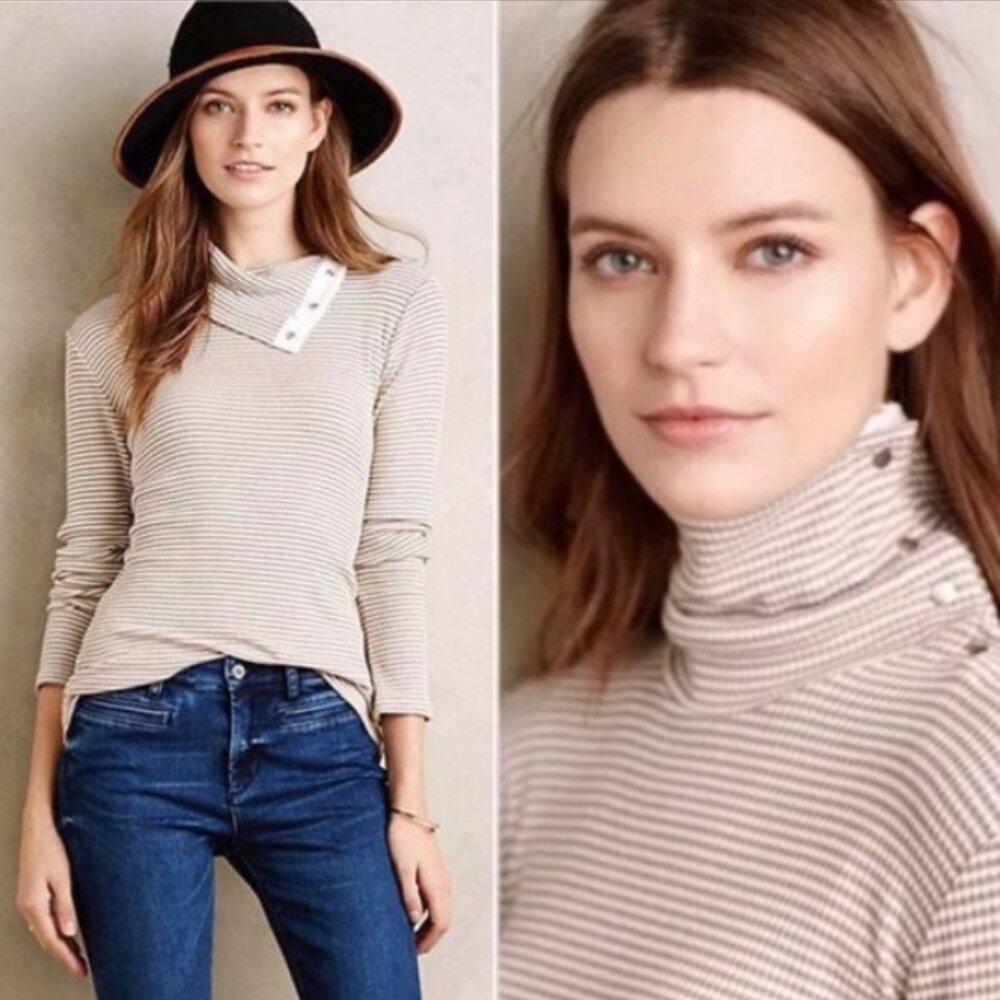 Anthropologie Beige & White Striped Button-Neck Long-Sleeve Top